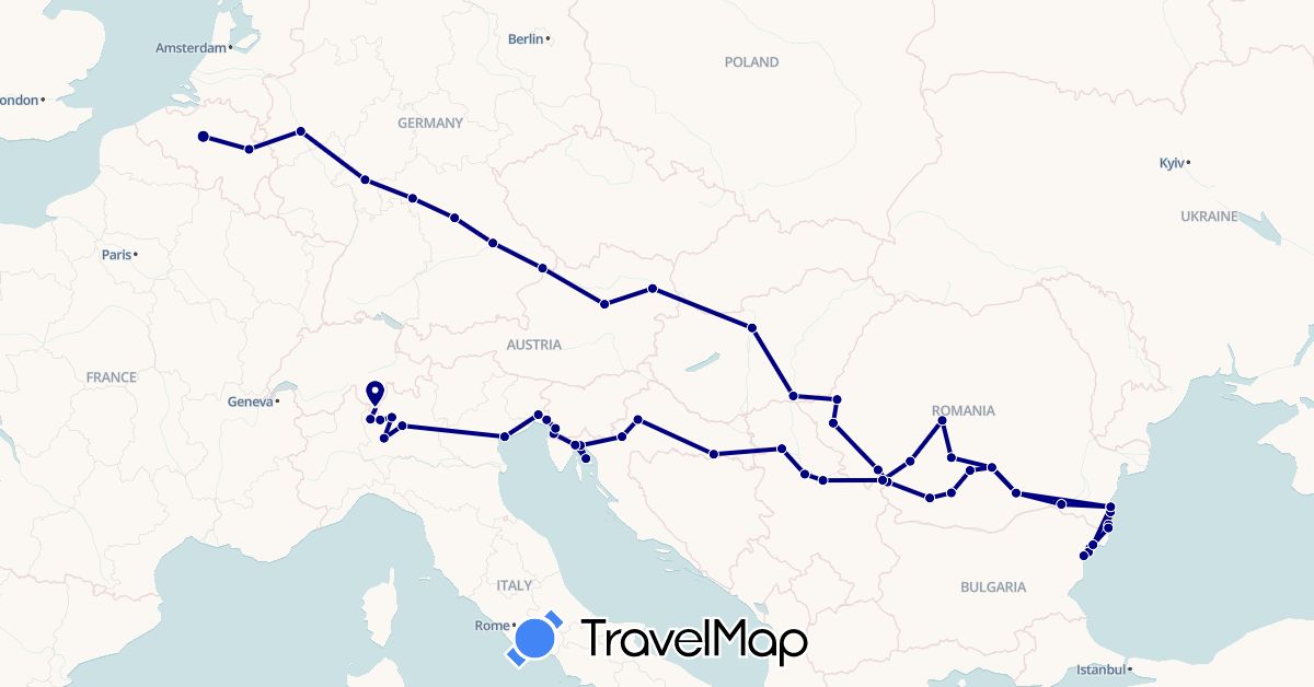 TravelMap itinerary: driving in Austria, Belgium, Bulgaria, Switzerland, Germany, Croatia, Hungary, Italy, Romania, Serbia, Slovenia (Europe)